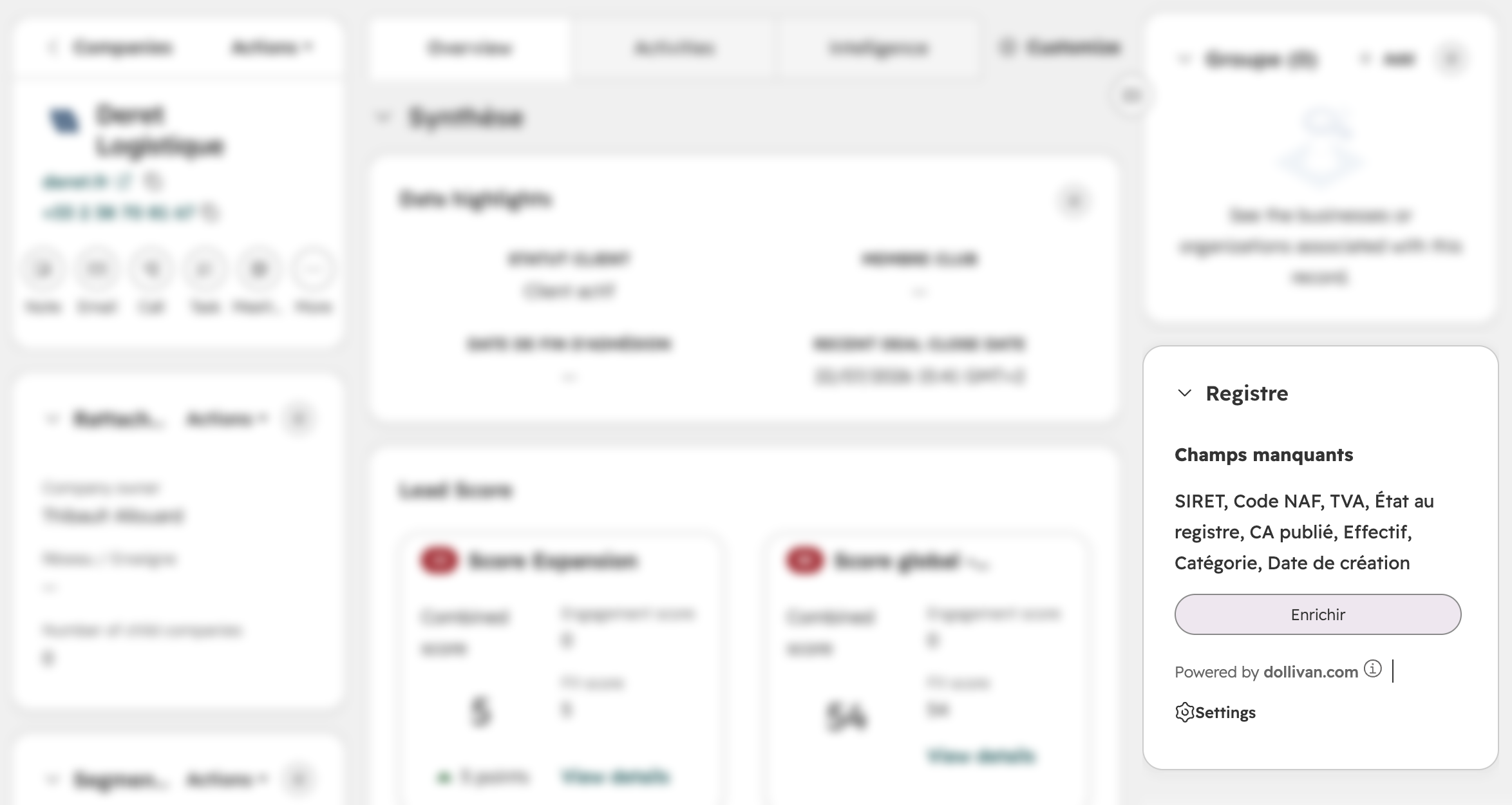 Carte « Registre » sur une fiche entreprise HubSpot : champs manquants (SIRET, CA publié, effectif, TVA…) et bouton Enrichir